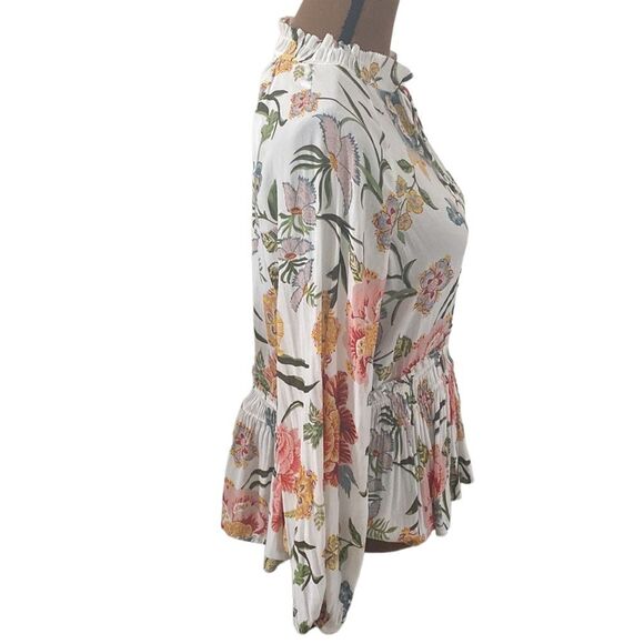 Loft floral high smocked neckline ruffled peplum blouse with front tie size S - Picture 3 of 12